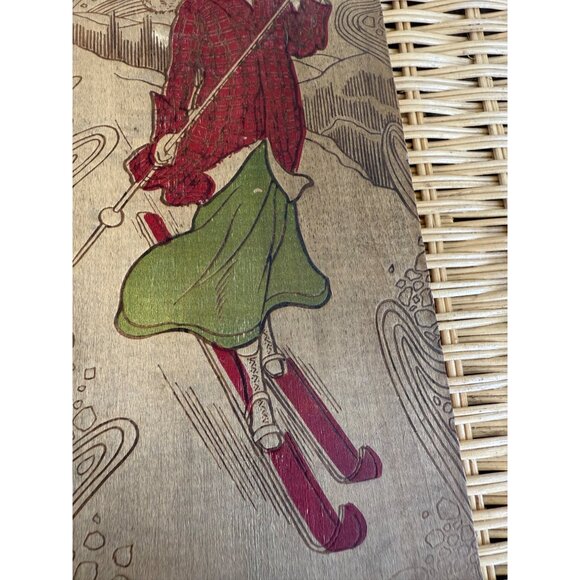 Antique 1910s Flemish Art Pyrography Hanky/Glove Box Girl Snow Skiing - Picture 12 of 14